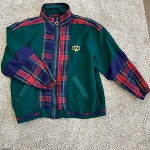 Vintage Mureli Womens Medium 100% Silk Green Red Plaid Jacket Golf Retro Zip Up